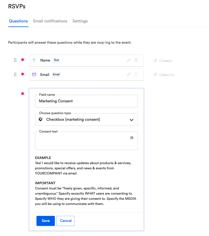 RSVP marketing consent screenshot from AddEvent